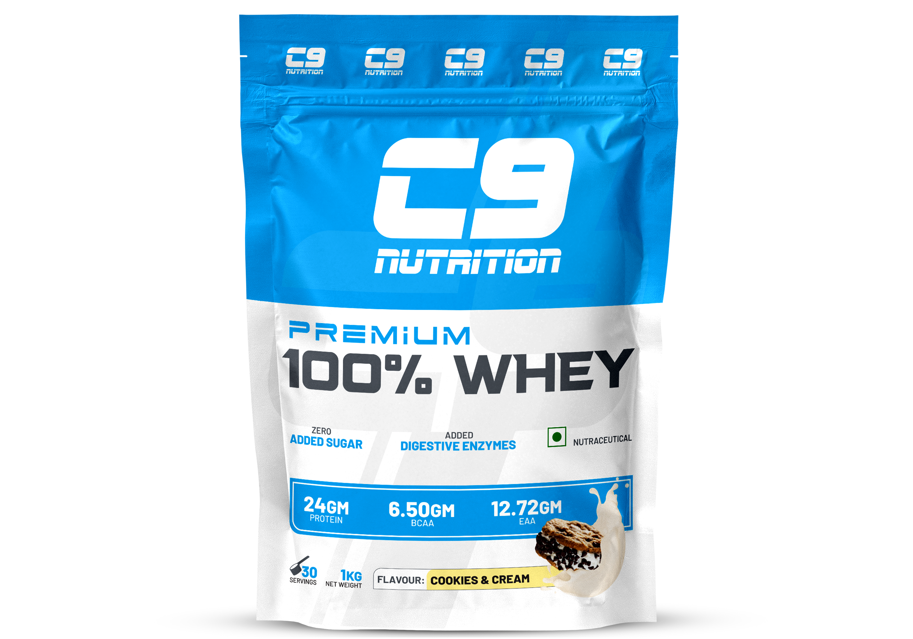 C9 Nutrition 100% Whey Protein | 24g Protein | 6.50g BCAA | Zero Sugar | Gluten-Free | ISO9001/GMP Certified